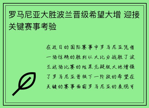 罗马尼亚大胜波兰晋级希望大增 迎接关键赛事考验