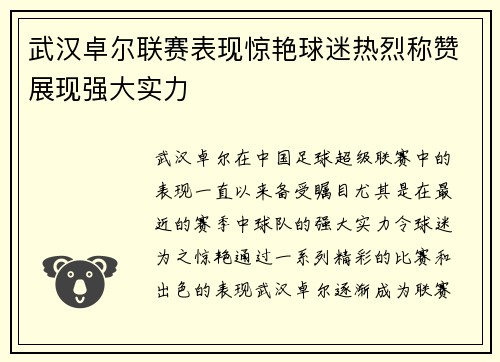 武汉卓尔联赛表现惊艳球迷热烈称赞展现强大实力
