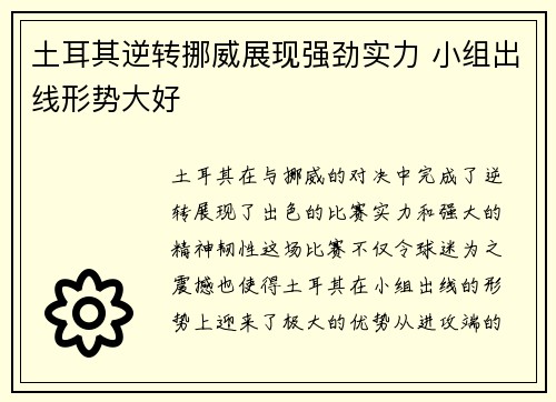 土耳其逆转挪威展现强劲实力 小组出线形势大好