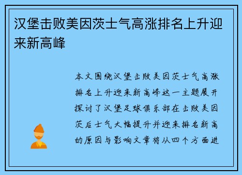 汉堡击败美因茨士气高涨排名上升迎来新高峰
