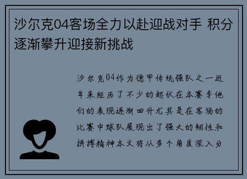 沙尔克04客场全力以赴迎战对手 积分逐渐攀升迎接新挑战
