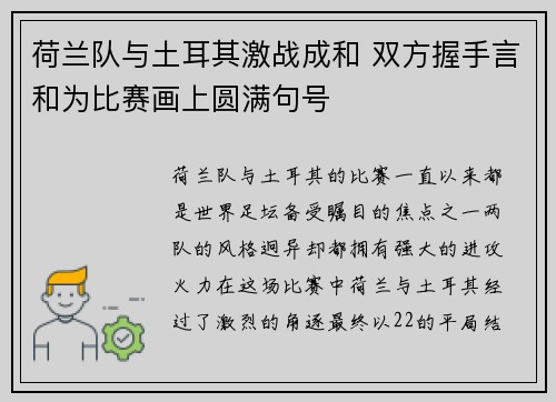 荷兰队与土耳其激战成和 双方握手言和为比赛画上圆满句号