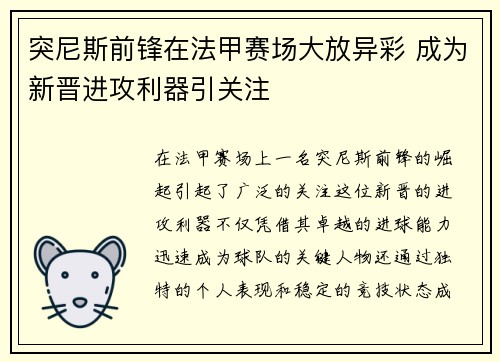 突尼斯前锋在法甲赛场大放异彩 成为新晋进攻利器引关注